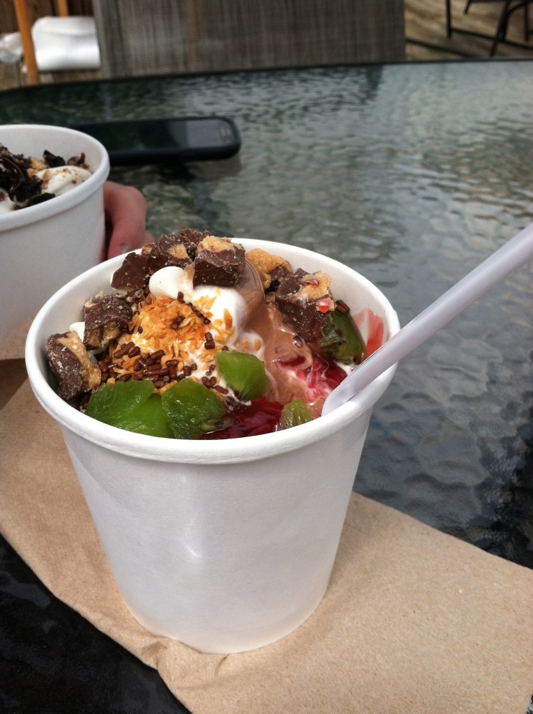 Pina colada with fruit on one side, chocolate/vanilla swirl with Reese's and coconut and chocolate sprinkles on the other