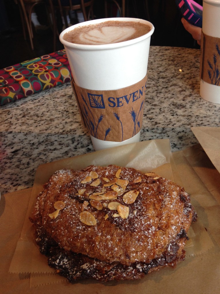 Chocolate almond croissant and almond milk hot chocolate.
