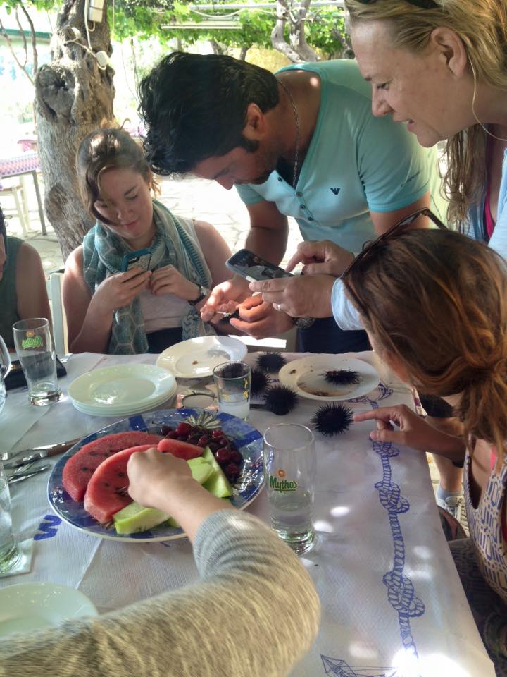Tassos works and I point a sea urchin (photo by Deirdre)